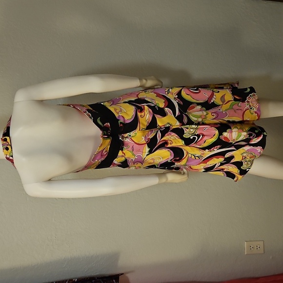 Vtg ROBBIE BEE Vibrant Multicolor Floral Mod Satin Halter Silk Dress - Picture 9 of 12